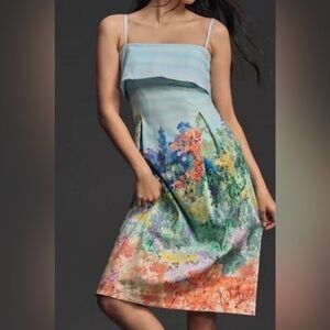 NWT ANTHROPOLOGIE Blue Floral Garden Print Strapless Dress M